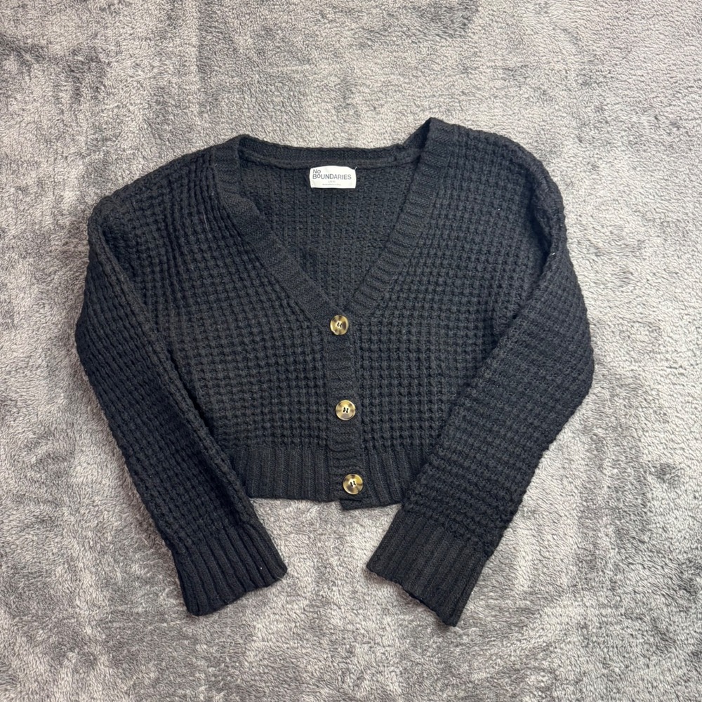 No Boundaries Womens Black Waffle Knit Cropped Cardigan Sweater Large L 12-14